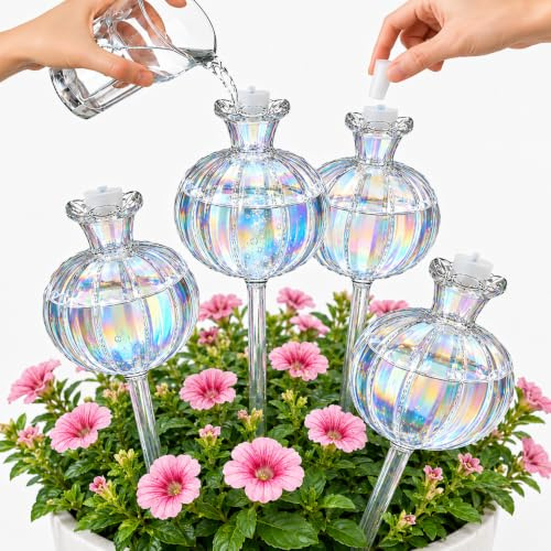 4Pcs Plant Watering Globes,Iridescent Glass Plant Watering Devices,Self Watering System Plants Glass Spikes,Automatic Irrigatiddon System for Potted Plants Indoor Outdoor,Plant Feeders Drip Water
