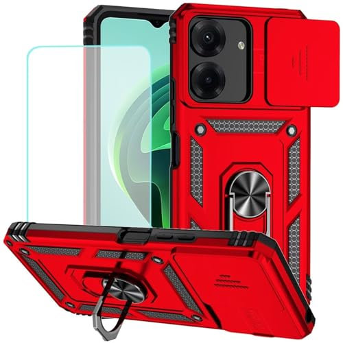 Jhxtech for Redmi 13C Case, Poco C65 Case with Tempered Glass Screen Protector and Slide Camera Cover, Magnetic Ring Car Mount Holder Protective Cover for Xiaomi Redmi 13C Red