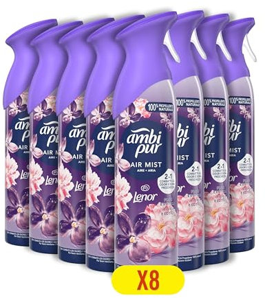 Ambipur Flor Exótica Ambientador En Spray 185ml x 8, Con Una Fragancia El Doble De Duradera Que Elimina Olores Y Deja Un Aroma Fresco Y Ligero