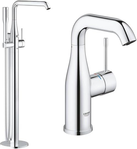 GROHE Essence - Einhand- Wannenbatterie & Essence - Einhand-Waschtischarmatur (wassersparend, mit Temperaturbegrenzer, M-Size), chrom, 23798001 Silber