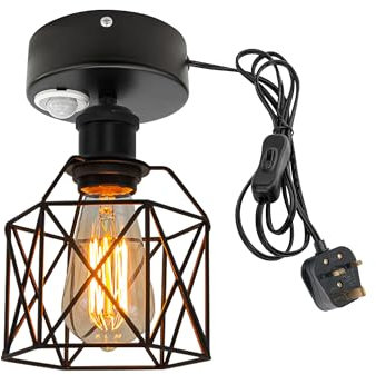 FSLiving Motion Sensor Ceiling Light Fitting with Plug-in Cable,Motion Activated Hanging Light Fitting Adjustable Delay Time for Hallway Stair Porche Garage Balcony,1-Light