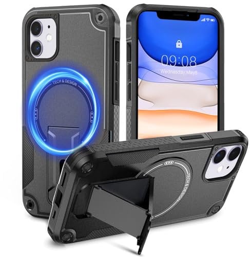 Tuvror Magnetic for iPhone 11 Case with Stand. [Compatible with MagSafe] Built-in Kickstand. Rugged Protection Heavy Duty Shockproof Case for iPhone 11 (Black)