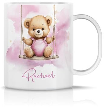 iCaseDesigner Personalised Childrens Polymer Mug - Cute Baby Bear on a Swing - Pink Theme