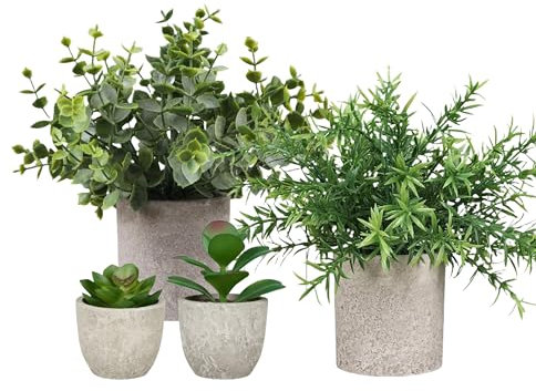 OSQI 4er Set Kunstpflanze Deko, Kunstblumen Wie Echt Topf, Eukalyptus| Sukkulenten |Rosmarin, Mini Fake Pflanzen für Badzimmer Wohnzimmer Fensterbank Schreibtisch Innen Balkon Deko(style2)