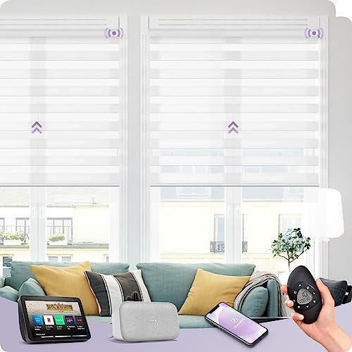 Graywind Elektrische Doppelrollo Wool-Touch, 50% Verdunkelnd Kunst Wollgewebe Duo Rollo, nach Maß Motorisierte Tag und Nacht Jalousien mit Wiederaufladbarem Motor, Alexa Google Kompatibel, White