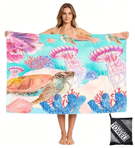 Mikrofaser Handtuch,StrandtuchXXL Microfaser Badetuch Groß 90x160CM,Schnelltrocknend Handtuch TropicalTurtle,Stranddecke Badetuch Strand,Beach Towel Strandtücher strandhandtuch mit Aufbewahrungstasche