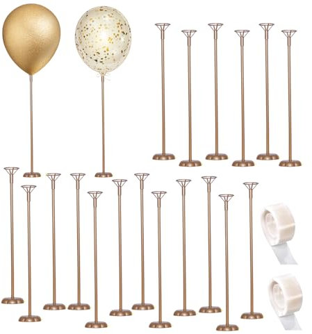 Goldene Ballonhalter-Set mit wiederverwendbaren Sticks und Basis für Geburtstag, Party, Hochzeit, Feiertagsdekorationen – Tischdisplay mit 20 Stück