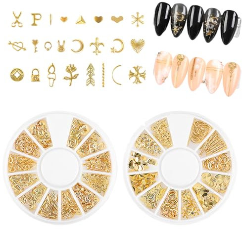 EYVRPAU Lot de 2 boîtes de breloques dorées pour ongles,Y2K 3D chromées,croix dorée,étoile,rose,lune,Accessoires de nail art,décoration,bijoux ongles,strass ongle,nail charms
