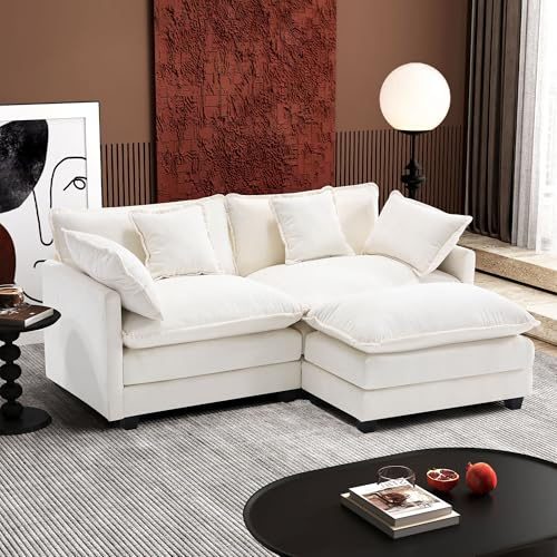 Ihanherry 77 L Shaped Modern Sofa Modular Sectional Cloud Couch with Ottoman, 3-Seat Chenille Deep Seat Sofa with Pillow for Living Room, Bedroom and Apartment, Beige