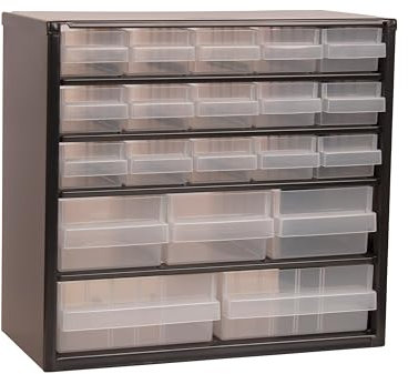 Raaco Cassettiera Porta Minuteria C6-20, 20 kg Capacità, 15 x 30,6 x 42 cm, 20 Cassetti Trasparenti, Cassettiera Attrezzi in Acciaio per Officina, Organizer Minuteria Parete, Cassettiera Officina