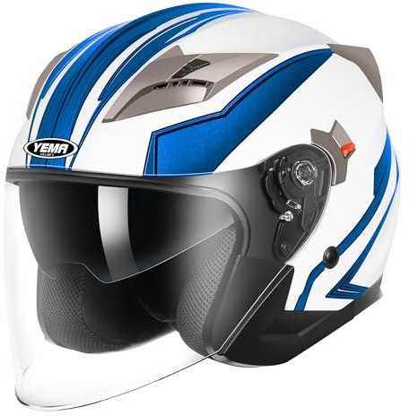 YEMA Casco Jet Moto Aperto Scooter YM-627 Caschi Motorino Vintage ECE Omologato Donna Uomo con Doppia Visiera Parasole, Nero opaco