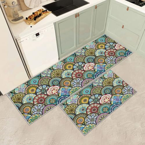 Küchenteppiche 2 Stück,Vintage rutschfest Waschbar Dauerhaft Küchenläufer Flurläufer, Anti-Müdigkeit Küchenteppich Teppich Läufer für Küche,Carpet für Badezimmer/Wohnzimmer Flur (N, 40x60+40x120cm)