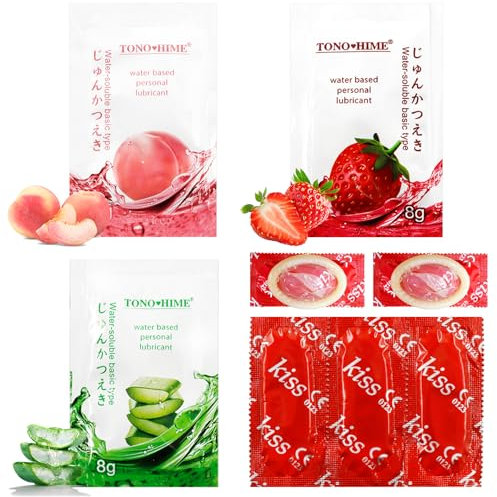 12 Stück Gleitgel Wasserbasiert + 12 Stück Premium Kondome - Nicht klebrig für Paare & Sexspielzeug - Extra dünne Kondome für intensives Empfinden beim gemei - 53 mm breite(Erdbeer, Aloe & Pfirsich)