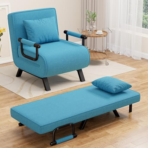 Hawthyhome 4 in 1 Schlafsessel, Schlafsofa mit Bettfunktion, Relaxsessel mit Verstellbare Rückenlehne, Platzsparendes Gästebett, Metallrahmen & Leinen, 150 kg Tragkraft, Abnembarem Kissen, Blau