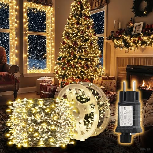 SALCAR LED Cluster Lichterkette Draht Weihnachtsbaum, 15m 600er LED Christbaumbeleuchtung mit 8 Modi, Timer und Memory, Wasserdicht Büschellichterkette für Außen Innen Garten Hochzeit, Warmweiß