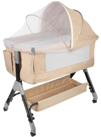 WODFARR Lit Cododo 2 en 1, Lit pour Nouveau-né, 0-6 Mois, 4 Niveaux de Réglage en Hauteur, Berceau Bébé avec Matelas Confortable, Couffin, Moustiquaire (105x52x103-115 cm - Beige)
