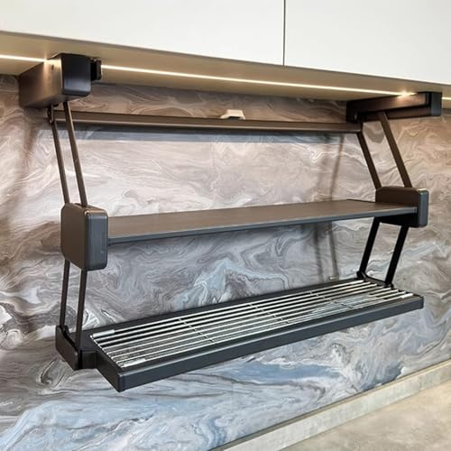 YKMYXZ, Supporto salvaspazio for organizer da cucina for pensili, porta spezie a scomparsa in metallo a 2 livelli(Black,W 61cm (24))