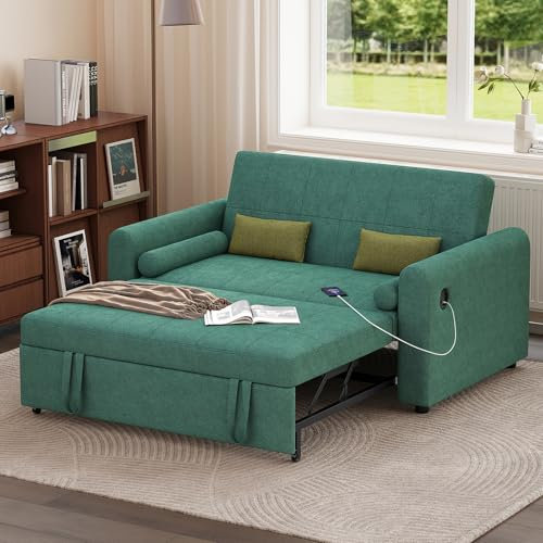 Jooli H 2 Seater Sofa Bed, 3-in-1 Convertible Comfy Pull Out Sleeper Sofa with 3-Position Adjustable Backrest, Side Pockets and USB for Living Room, Guest Room (Green, 2 Seater Sofa Bed)