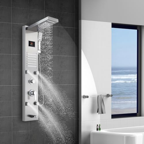 Pannello Doccia con 6 modalità,Colonna Doccia Idromassaggio Display LED, pioggia,cascata,4 getti massaggianti,beccuccio per vasca, soffione doccia portatile,A parete colonna doccia con miscelatore