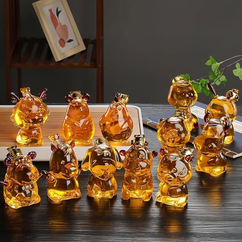 Whiskey Decanter - Whiskey Bottle, Mini Whiskeys Decanter Set 12 Chinese Zodiac Bottle Sculptures 5oz Glass Wine Carafe 3D Carving Animal Glassware Decorations with Leak-Proof Stopper