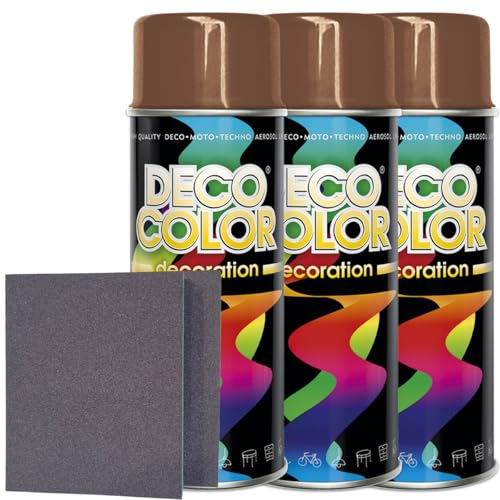 Craft-Equip DC 3er Sparpack Lackspray nach RAL in 400ml zur Lackierung von Auto Stahl Aluminium Beton Holz und 2 Stück Schleifpads (3 Dosen in lehmbraun glanz RAL 8003 + 2 Stück Schleifschwamm)