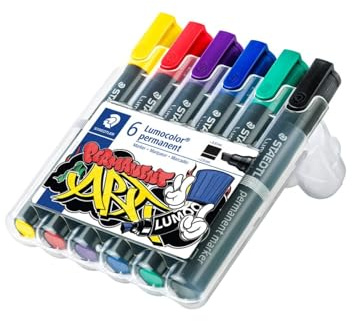 STAEDTLER 350 WP6 Permanentmarker Lumocolor, nachfüllbar, Keilspitze, Box mit 6 Farben, sortiert