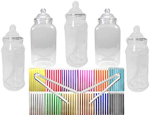 Truly Sweet Candy 5 x 1L Jars, 2 Tongs, 50 Candy Stripe Bags - Vintage Victorian Pick & Mix Sweet Shop Candy Buffet Kit Party Pack (Pink)