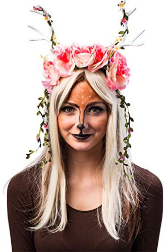 Amakando Märchenhaftes Hirsch-Geweih mit Blüten/Weißes Geweih/Wunderschönes Blüten-Haarschmuck REH/Ideal zu Weihnachtsmarkt & Fastnacht