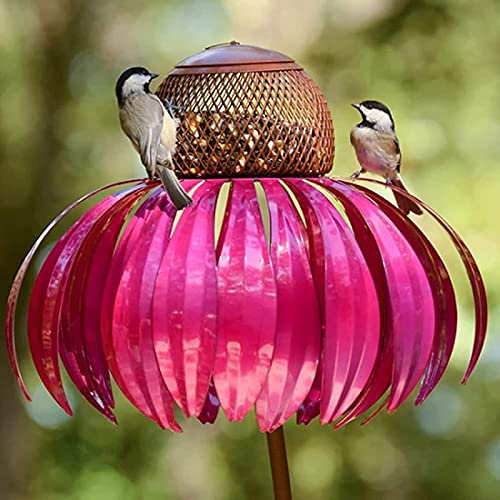Lsaardth Blumen-Vogelfutterhäuser für den Außenbereich - Eichhörnchen-Beweis Vogelfutterständer Metall Gartenkunst Vogelfutterhaus Gartenpfahl Dekor(Red)