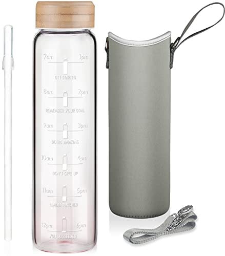 Ferexer 1 Litre Gourde en Verre Borosilicate avec Paille et Marqueur de Temps de Motiavation et Housse, 1l Bouteille d'eau en Verre, Sans BPA Rose dégradé