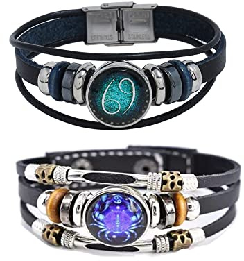2Pcs Multilayer Constellation Zodiac Leather Bracelet Handmade Woven Zodiac Sign Wrap Bracelet Wristband for Women Men Jewelry Birthday Gift, 01 Style: 21cm(8.26'), 02 Style: 21.7cm(8.5'), Leather, no