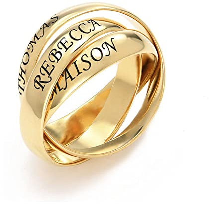 kaululu Damen Personalisiert 3 Ringe Ineinander mit 3 Namen Geflochten Twisted Knoten Knuckle Band Wickelring Verlobungsring Trauring Geschenk für Frau Freundin Mutter und Tochter Gold 8