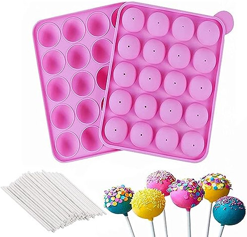 Cake Pop Form - 20 Runde Cake Pop Silikon Backform mit 20 Stück Lollipop Sticks, Cake Pop Stiele, Cakepop Formen für Cupcakes, Süßigkeiten, Gelee und Schokolade