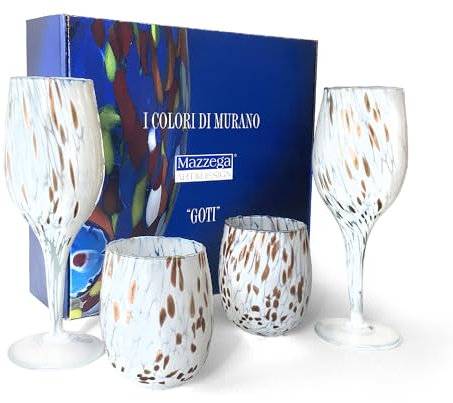 MAZZEGA ART & DESIGN - 2 Wassergläser + 2 Aventuringläser aus mundgeblasenem und handgearbeitetem Glas - personalisierbar - Die Farben von Murano - Made in Italy