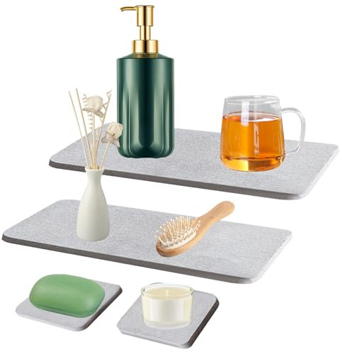 4 Stück Wasserabsorbierendes Steintablett für Spüle, Kieselgur Untersetzer, Sofort Schnell Trockenmatte für die Küchentheke, rutschfeste Diatomit Mundwasserbecher-Untersetzer für Schwämme, Bürsten