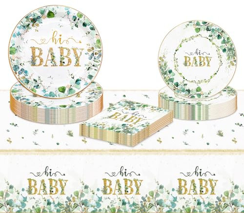 MAGLAUG Baby Shower Decorations Neutral, Eucalyptus Sage Green Baby Shower Decorations Girls Boy Baby Party Paper Plates Napkins Tablecloth Tableware for Gender Reveal Decoration (16guest Set)