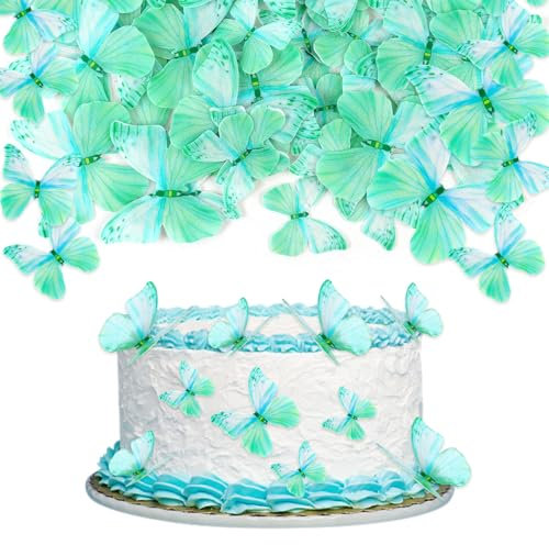 60Pcs Edible Butterfly Cupcake Toppers 3D Edible Butterfly Cake Topper Green Butterfly Cupcake Decoration Picks Wedding Baby Shower Party Wedding Anniversary Birthday Party Cupcake Decoration