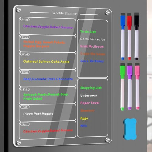 Acrylic Magnetic Meal Planner with 6 Magnetic Markers, Clear Refrigerator Weekly Planner Dry Erase Calendar Planning Noteboard to Do/Grocery/Shopping List/Chore Chart 12 x 8