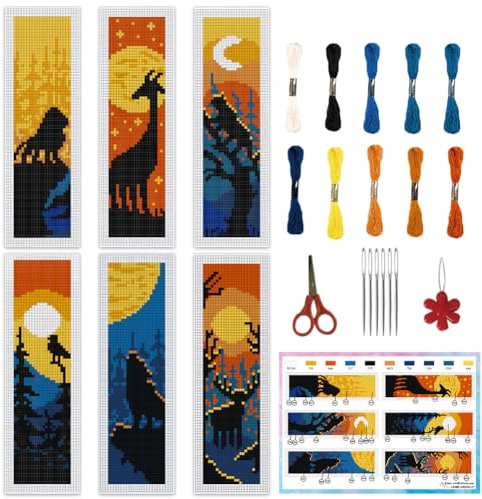 INFUNLY 6 Stück Tiersilhouetten DIY Kreuzstich Lesezeichen Starter Kits Mit Anleitung 2.4''X7.9'' gestempelte Stick Lesezeichen Sets Mit Löwen Und Giraffenmotiv Stick Lesezeichen Set Mit Mondzweigen