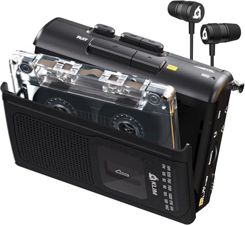 KLIM K8 Lecteur Cassette Audio avec Un Casque F1 - Enregistreur Cassette - Nouveau Player - Radio AM/FM - Microphone et Haut-Parleur Intégrés - Prise Casque et Écouteurs - Noir