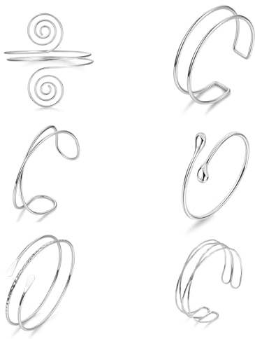 Ylinwtech Oberarmreif Set Damen, Einstellbar, 6 Stück | Schlanker Armreif Silberfarben, Minimalistisches Boho Swirl Arm Cuff Offenes Spiralarmband für Hochzeit Party & Alltag