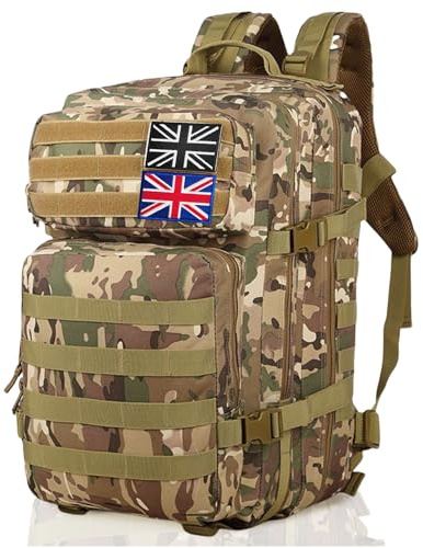 Vnvnvnv 45L Military Tactical Backpacks Large Molle Army Assault Pack 3 Day Bug Out Bag Laptop Bag for Hiking Treeking Black Hunting Rucksack with 2 Flag Patches (CP)