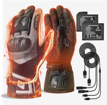 RIDEIRON Beheizbare Motorradhandschuhe, CE Level 1 KP, Touchscreen | Fingerspitzenheizung, 3 Stufen, Smart-Modus, 7,4-V-Akku, wasserdicht für Motorrad und Winterfahrten, Modell: MG7501H