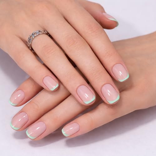 Goolich Mint Green French Tip Press On Nails Short Square, Nude Neutral Nails Press ons Set with Adhesive Tabs, 24 Pcs 12 Size Reusable Full Cover Glue on Nails for Women
