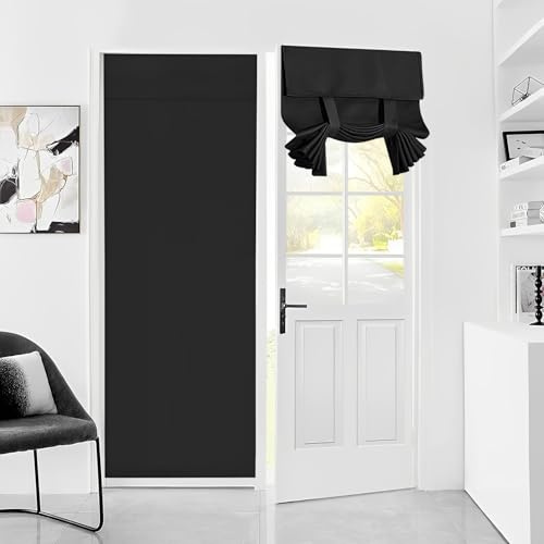 Roller Blinds No Drilling, French Door Curtain Window Blinds Privacy Protect, Blackout Roller Blind UV Protection Tie Up Shades Door Curtain for Window Patio Door, 26x68 Inch Black