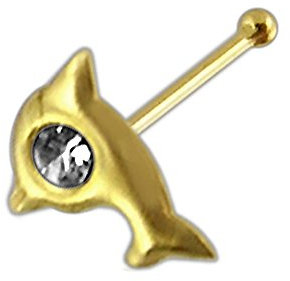 Monster Piercing | 9K Gold Echtgold | Nasenpiercing Nasenstecker Stud | Delfin | Kristallstein | Stabstärke: 22G (0,6 mm) | Stablänge: 6mm | Hypoallergen
