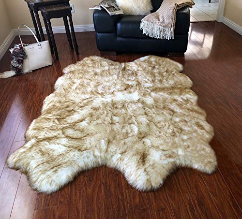 LAMBZY Faux Sheepskin Rug, White/Brown Tips, 4'x6', Free Shape
