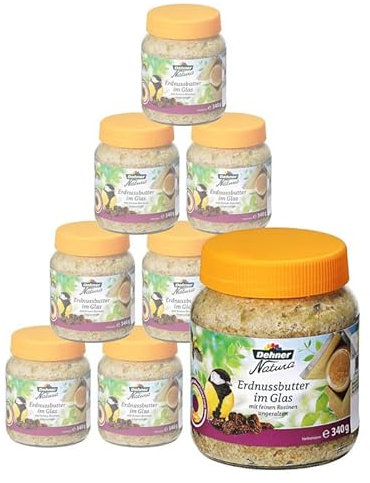 Dehner Natura Premium Wildvogelfutter, Erdnussbutter im Glas, Rosine, Ganzjahresfutter energiereich, hochwertiges Vogelfutter für Wildvögel, 8 x 340 g (2.72 kg)