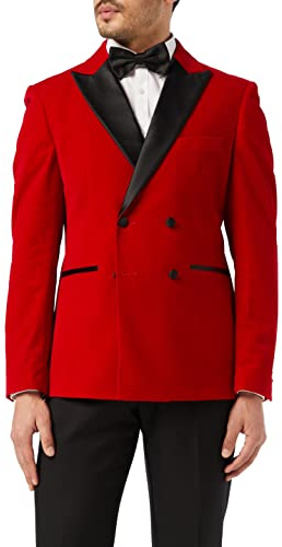 Men’s Velvet Double Breasted Tuxedo Suit Jacket Smoking Dinner Blazer Retro Classic Tailored Fit (36, Red)