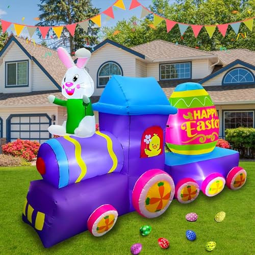 SEASONBLOW Aufblasbarer Osterhasen-Zug mit Eier-Dekorationen, Happy Easter-Schild, Dekoration für Hof, Garten, Rasen, drinnen und draußen, Zuhause, Urlaub, 2,4 m
